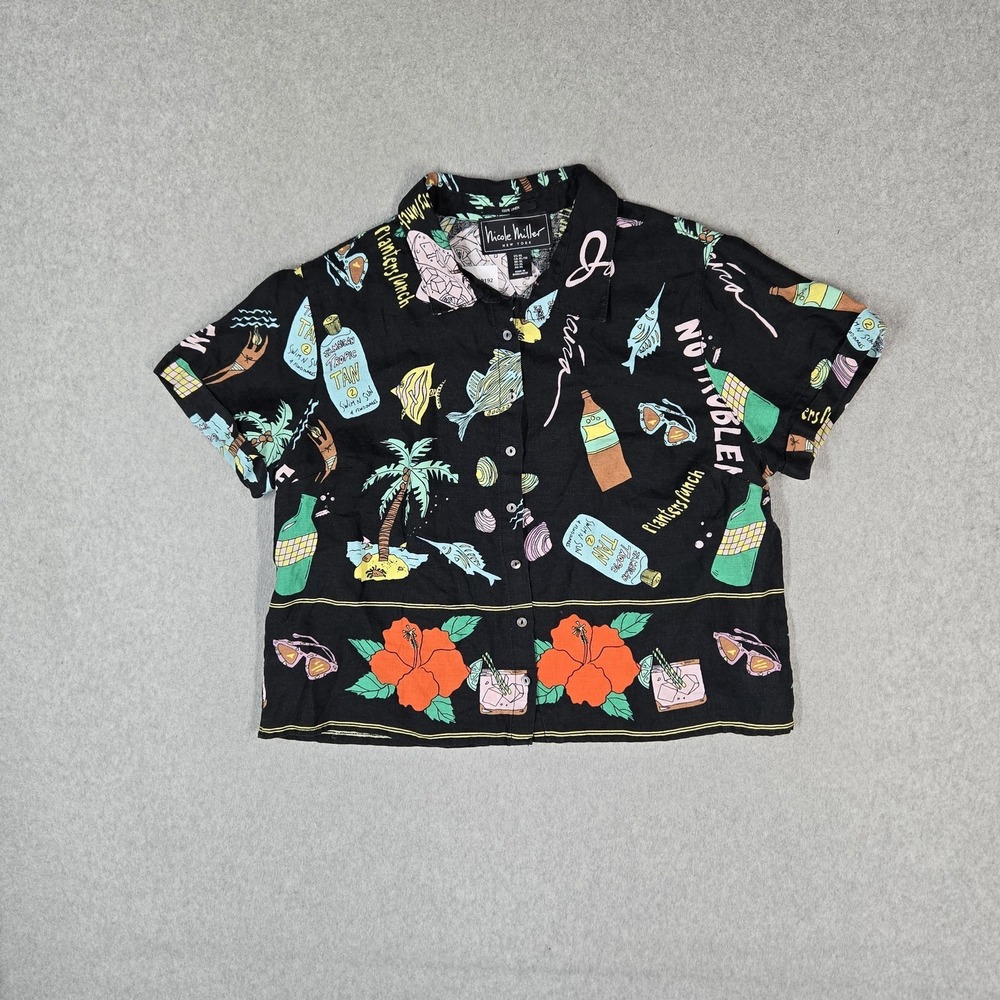 Nicole Miller New York Women Button Up Shirt XL Black Linen Floral Hawaiian